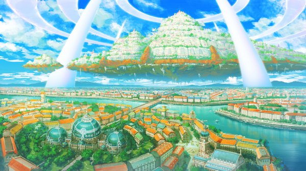 Anime picture 1500x844 with original senko doki wide image sky cloud (clouds) from above city cityscape mountain river panorama floating island plant (plants) tree (trees) building (buildings) bridge watercraft pillar column tower