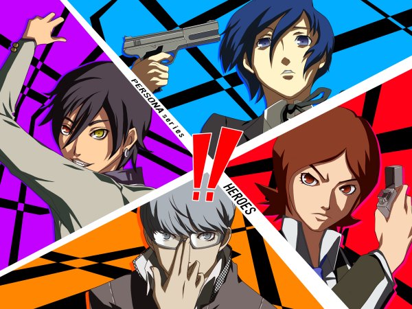 Anime picture 1200x900 with persona 4 persona 3 persona persona 2 arisato minato seta souji suou tatsuya toudou naoya blue eyes black hair brown hair brown eyes blue hair grey hair grey eyes heterochromia boy glasses gun persona 1