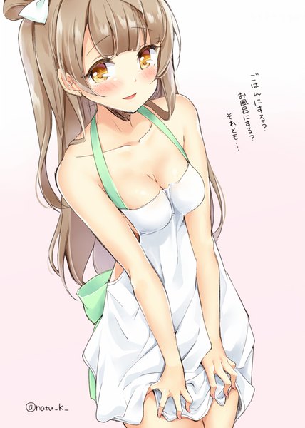Anime picture 714x1000 with love live! school idol project sunrise (studio) love live! minami kotori hazuki natsu single long hair tall image blush fringe breasts open mouth light erotic simple background brown hair brown eyes signed light smile from above one side up
