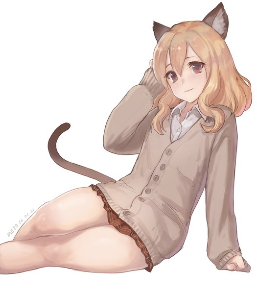 Anime picture 1000x1143 with original meto31 single long hair tall image fringe blonde hair hair between eyes white background sitting brown eyes animal ears bent knee (knees) tail long sleeves head tilt animal tail arm up cat ears arm support