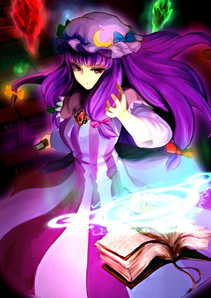Anime picture 1254x1771 with touhou patchouli knowledge nuqura single long hair tall image looking at viewer blush fringe breasts purple eyes purple hair blunt bangs magic striped girl dress bow hair bow book (books)