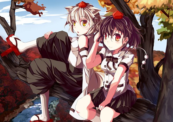Anime picture 1085x768 with touhou shameimaru aya inubashiri momiji blush short hair open mouth smile red eyes brown hair multiple girls yellow eyes silver hair wolf ears wolf tail girl 2 girls plant (plants) tree (trees) bowtie