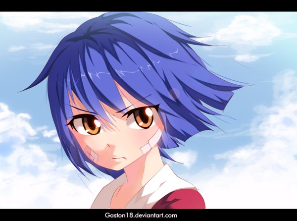 Anime picture 1300x968 with fairy tail wendy marvell tongasart single short hair blue hair sky cloud (clouds) orange eyes loli coloring letterboxed close-up face bandaid on face girl bandaid