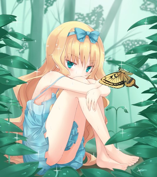 Anime picture 1200x1350 with original shuuichi (gothics) single long hair tall image blue eyes light erotic blonde hair barefoot bare legs legs girl dress bow plant (plants) hair bow insect butterfly