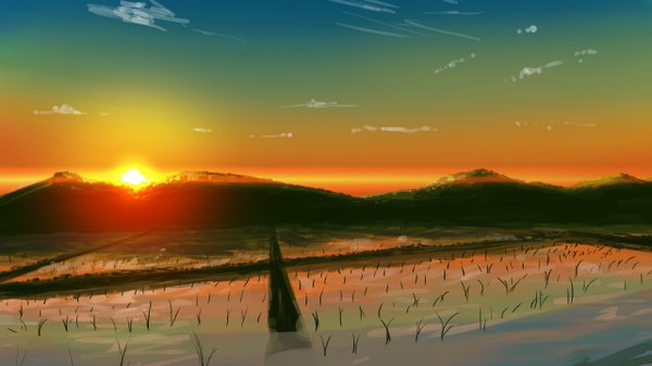 Anime picture 1280x720 with original yuraui wide image sky cloud (clouds) evening reflection sunset horizon mountain field sun rice paddy