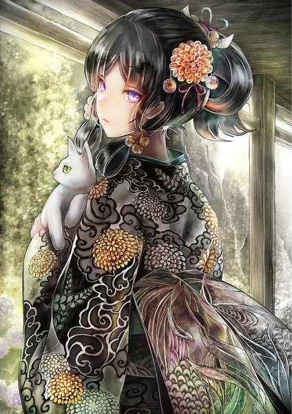 Anime picture 800x1131 with original gin ji single long hair tall image looking at viewer fringe black hair standing purple eyes holding payot upper body indoors traditional clothes parted lips japanese clothes looking back hair flower from behind