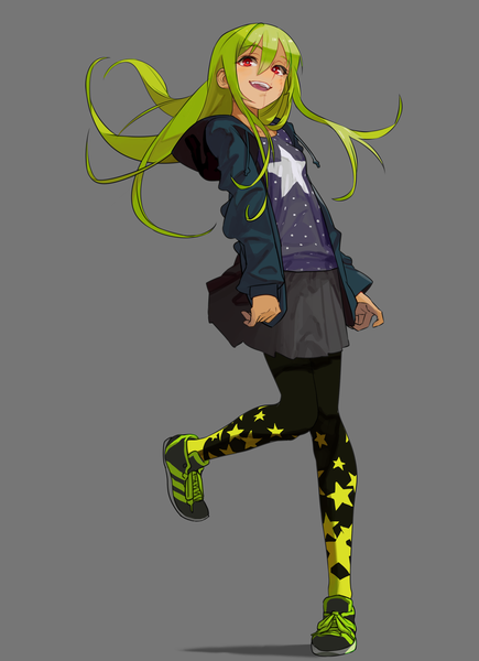 Anime picture 2143x2952 with original attall single long hair tall image highres open mouth simple background red eyes looking away green hair grey background scar star print girl skirt pantyhose shoes star (symbol) hood