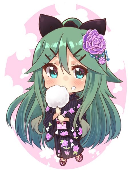 Anime picture 960x1264 with kantai collection yamakaze (kantai collection) suzuki toto single long hair tall image blush fringe simple background hair between eyes full body ponytail traditional clothes japanese clothes aqua eyes green hair chibi food on face girl hair ornament