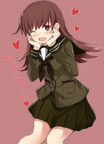 Anime picture 722x1000 with kantai collection ooi light cruiser kuhotaka single long hair tall image looking at viewer blush open mouth simple background brown hair brown eyes one eye closed wink inscription symbol-shaped pupils pink background hands on face girl uniform