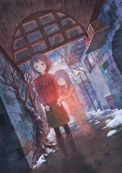 Anime picture 1767x2500 with original cola (pixiv) long hair tall image blush highres short hair smile red eyes eyes closed grey hair snowing winter snow ghost transparent girl skirt plant (plants) tree (trees)