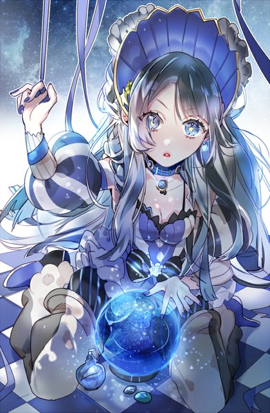 Anime picture 600x918 with original piyo (ppotatto) single long hair tall image looking at viewer fringe breasts blue eyes large breasts sitting bare shoulders cleavage nail polish parted lips head tilt arm up fingernails night :o