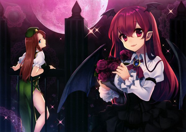 Anime picture 4905x3498 with touhou hong meiling koakuma masaru.jp long hair highres open mouth blue eyes red eyes multiple girls absurdres red hair scan head wings red moon girl dress flower (flowers) 2 girls wings