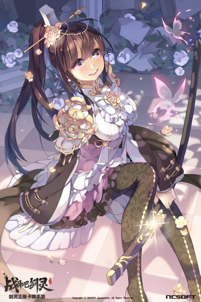 Anime picture 800x1200 with blade & soul btoor single long hair tall image open mouth smile brown hair purple eyes ponytail girl dress hair ornament flower (flowers) weapon sword katana insect butterfly