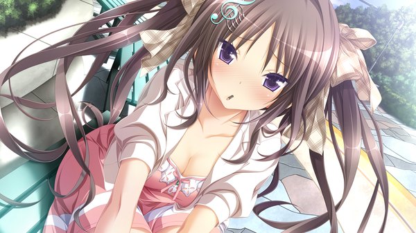Anime picture 1280x720 with chrono clock andou misaki koku single long hair looking at viewer blush brown hair wide image twintails purple eyes game cg girl dress bow hair bow food sweets pocky