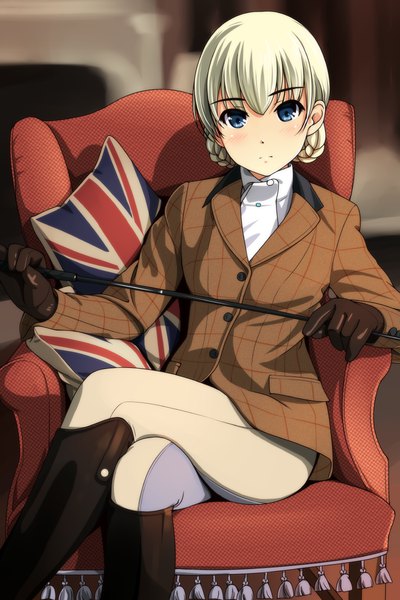 Anime picture 800x1200 with original matsunaga kouyou single tall image looking at viewer blush short hair blue eyes blonde hair bent knee (knees) braid (braids) blurry crossed legs girl gloves black gloves boots pillow knee boots armchair