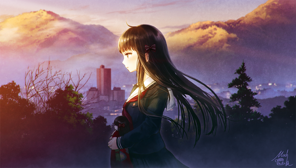 Anime picture 1200x682 with original mocha (cotton) single long hair fringe black hair wide image signed cloud (clouds) ahoge outdoors long sleeves profile walking bare tree girl uniform bow plant (plants) hair bow