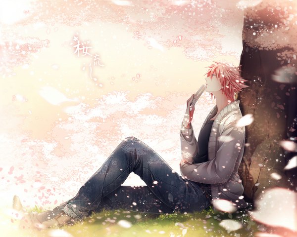 Anime picture 1050x840 with original mirunai single short hair pink hair profile cherry blossoms boy plant (plants) petals tree (trees) shoes jeans