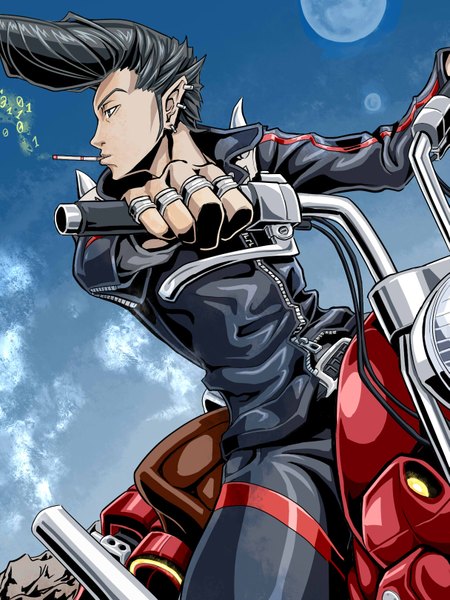 Anime picture 1215x1620 with redline jp gachapin (matsu) single tall image black hair black eyes piercing boy jacket pants ring cigarette motorcycle
