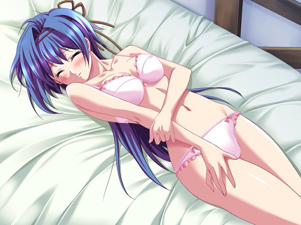 Anime picture 1024x768 with puri saga! fay christophe blush light erotic blue hair game cg eyes closed underwear only girl underwear panties bed