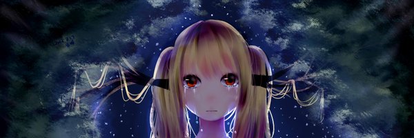 Anime picture 3000x1000 with original ryaku-ko (artist) single long hair looking at viewer highres blonde hair red eyes wide image twintails horn (horns) tears girl