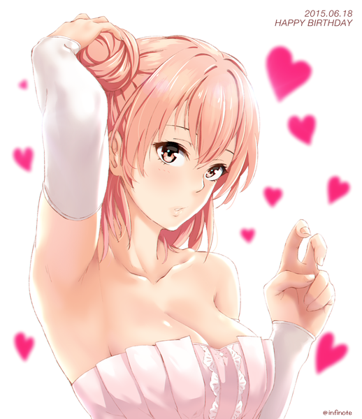 Anime picture 1768x2046 with yahari ore no seishun love comedy wa machigatteiru. brains base (studio) yuigahama yui infinote single tall image looking at viewer blush highres short hair simple background white background bare shoulders orange hair armpit (armpits) hair bun (hair buns) orange eyes happy birthday girl detached sleeves
