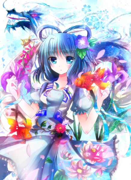Anime picture 1788x2453 with touhou kaku seiga azumamutuki tall image highres short hair blue eyes blue hair girl dress hair ornament flower (flowers) petals fish (fishes) dragon