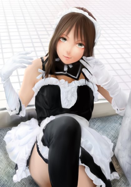 Anime picture 1436x2050 with original moekyon single long hair tall image brown hair lying lips realistic maid silver eyes girl thighhighs dress gloves elbow gloves headdress maid headdress