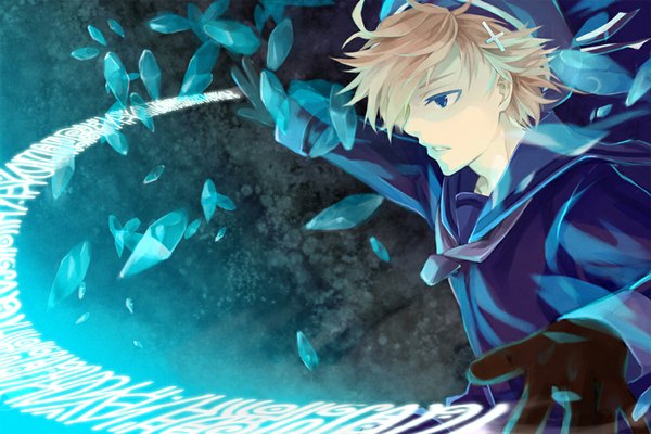 Anime picture 1151x768 with axis powers hetalia studio deen norway (hetalia) natsu (pixiv712695) single short hair open mouth blue eyes blonde hair boy gloves hair ornament x hair ornament sailor suit hairpin (hairpins) ice
