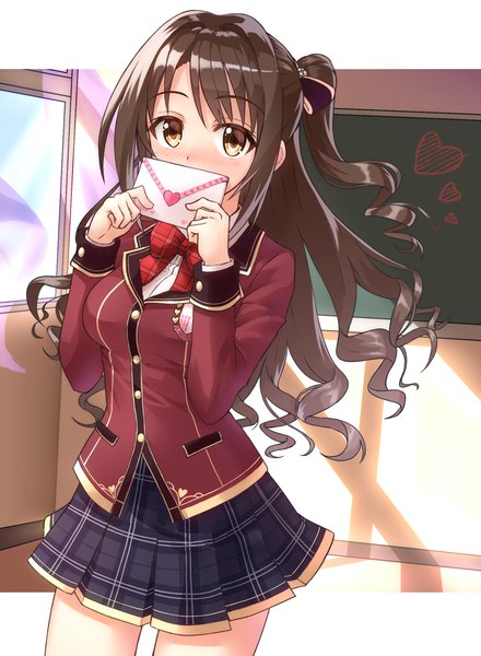 Anime picture 1613x2197 with idolmaster idolmaster cinderella girls idolmaster cinderella girls starlight stage shimamura uzuki shunichi single long hair tall image looking at viewer blush fringe brown hair brown eyes pleated skirt shadow one side up plaid skirt wavy hair covered mouth plaid