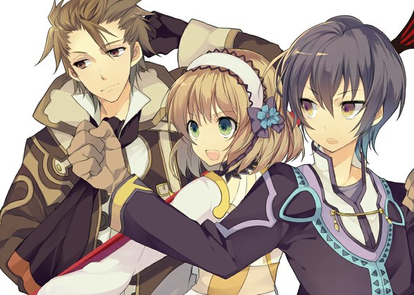 Anime picture 1000x714 with tales of (series) tales of xillia jude mathis alvin (tales of xillia) leia roland yamaoka (rm nun) short hair open mouth black hair simple background brown hair white background brown eyes green eyes multiple boys trio girl boy gloves hairband