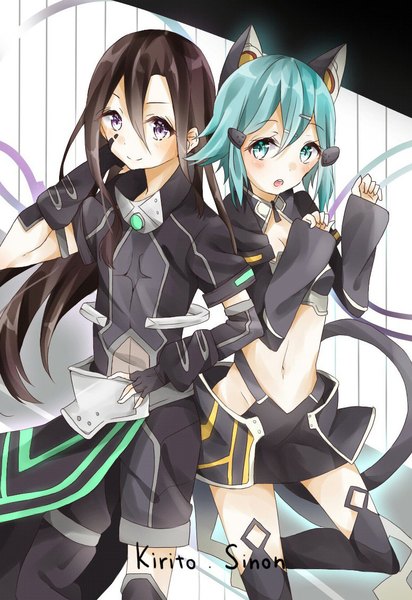 Anime picture 774x1126 with sword art online a-1 pictures kirigaya kazuto asada shino chima (fusigiko) long hair tall image looking at viewer blush fringe short hair open mouth smile hair between eyes brown hair standing purple eyes payot looking away bent knee (knees)