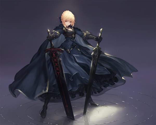 Anime picture 1400x1125 with fate (series) fate/grand order fate/stay night artoria pendragon (all) saber alter tachikawa mushimaro (bimo) single looking at viewer fringe short hair breasts blonde hair hair between eyes standing holding yellow eyes full body braid (braids) grey background high heels