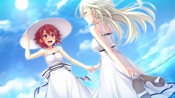 Anime picture 1280x720 with seisai no resonance takatou kanae katakura mirai tel-o long hair short hair open mouth blonde hair smile red eyes wide image bare shoulders multiple girls red hair eyes closed hair flower girl dress hair ornament 2 girls