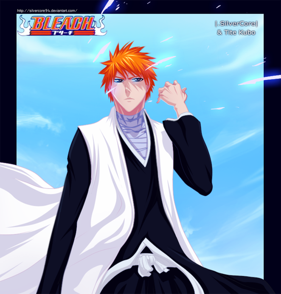 Anime picture 1000x1047 with bleach studio pierrot kurosaki ichigo silvercore94 single tall image short hair sky cloud (clouds) japanese clothes orange hair inscription orange eyes coloring boy belt kimono cloak bandage (bandages)