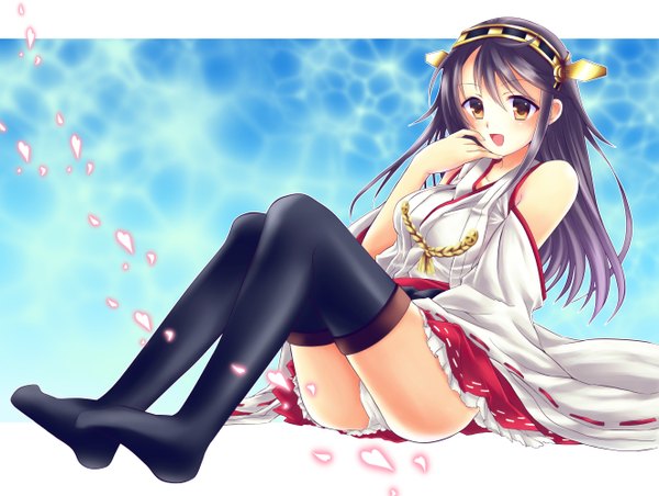 Anime picture 1326x1000 with kantai collection haruna battleship single long hair looking at viewer blush open mouth light erotic black hair brown eyes pantyshot sitting girl thighhighs black thighhighs detached sleeves petals hairband