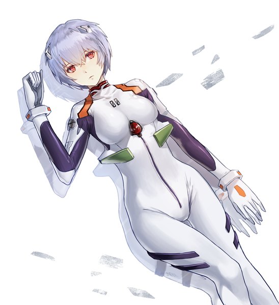 Anime picture 1000x1094 with neon genesis evangelion gainax ayanami rei kim eb single tall image fringe short hair simple background hair between eyes red eyes white background looking away purple hair bent knee (knees) lying reflection expressionless girl bodysuit