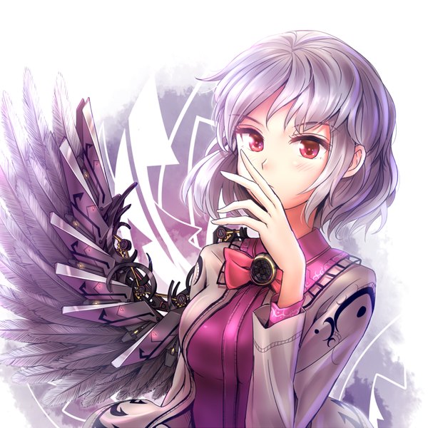 Anime picture 800x800 with touhou kishin sagume minust single blush fringe short hair red eyes white background looking away purple hair upper body covered mouth mechanical wings single wing girl wings feather (feathers)