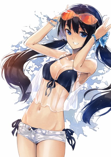 Anime picture 678x960 with original dekappara futoriusu single long hair tall image fringe breasts simple background smile white background twintails low twintails groin sunglasses on head open shorts hands on head girl hair ornament swimsuit bikini
