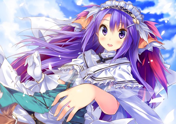 Anime picture 1414x1000 with rune factory rune factory 3 sofia jalapeno viviage kuwashima rein single long hair blush open mouth purple eyes purple hair girl dress gloves petals headdress ring