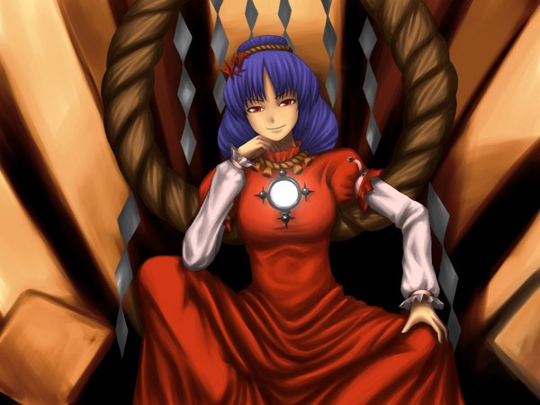 Anime picture 1600x1200 with touhou yasaka kanako katagi ren single looking at viewer fringe short hair smile red eyes sitting blue hair hand on knee chin rest girl dress hair ornament red dress