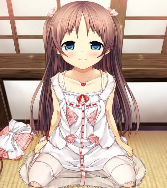 Anime picture 2560x2880 with monobeno sawai natsuha cura single long hair tall image blush highres blue eyes brown hair sitting game cg full body loli wariza girl sundress