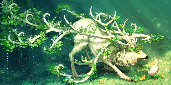 Anime picture 1500x750 with original yuumei wide image green eyes horn (horns) fantasy plant (plants) animal bird (birds) grass duck