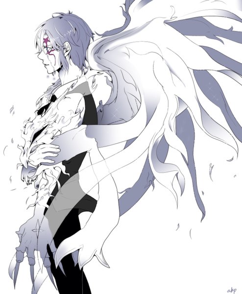 Anime picture 1400x1700 with d.gray-man allen walker akapi single tall image short hair simple background standing white background signed profile grey hair grey eyes tears facial mark crying white wings white skin boy shirt