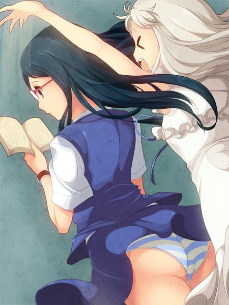 Anime picture 750x1000 with ano hi mita hana no namae wo bokutachi wa mada shiranai a-1 pictures honma meiko tsurumi chiriko koflif long hair tall image open mouth light erotic black hair multiple girls white hair > < girl dress uniform underwear panties 2 girls school uniform