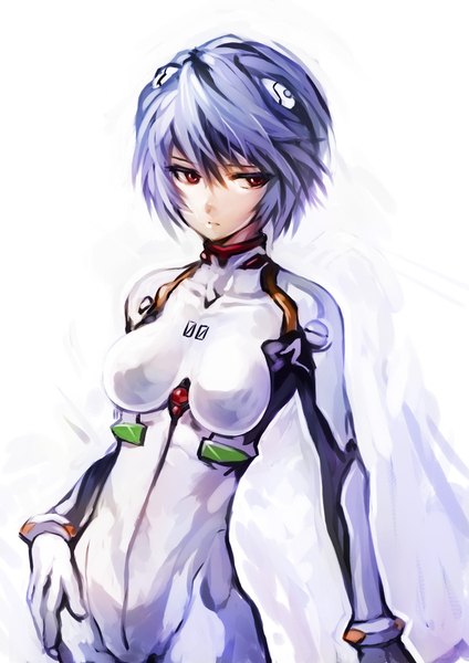 Anime picture 820x1160 with neon genesis evangelion gainax ayanami rei ryuutetsu single tall image fringe short hair simple background hair between eyes red eyes white background looking away purple hair hand on hip girl bodysuit pilot suit