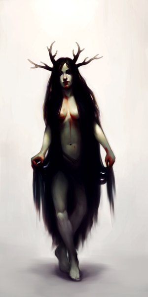 Anime picture 1500x3000 with original sidwill-cg single tall image breasts light erotic black hair simple background red eyes white background very long hair barefoot horn (horns) nude crossed legs hair over breasts girl navel blood