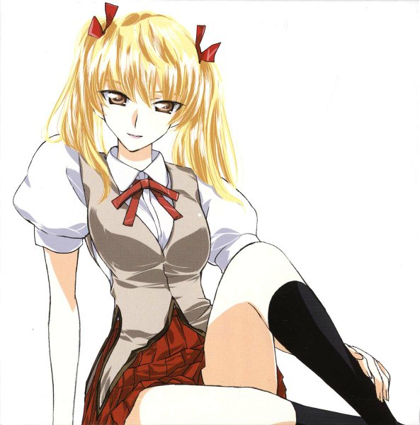 Anime picture 1185x1200 with school rumble sawachika eri tall image simple background blonde hair white background sitting twintails brown eyes light smile girl uniform school uniform socks black socks vest