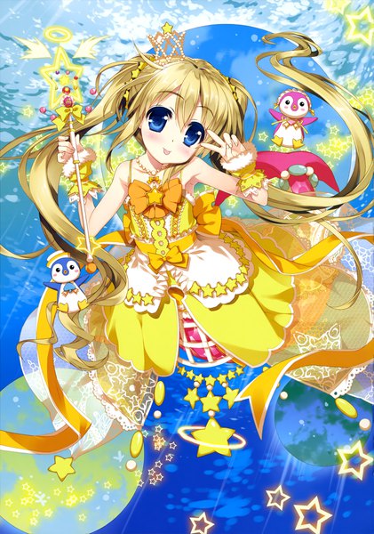 Anime picture 2877x4099 with cardfight vanguard fujima takuya single long hair tall image blush highres blue eyes blonde hair twintails official art loli girl dress hair ornament bow animal bird (birds) star (symbol) penguin