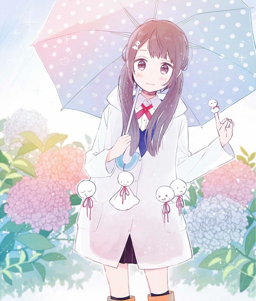 Anime picture 928x1093 with original gomi chiri single long hair tall image blush fringe smile brown hair twintails brown eyes low twintails polka dot summer girl uniform hair ornament flower (flowers) school uniform hairclip