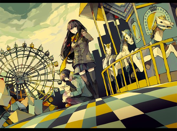 Anime picture 1348x1000 with original yuuichi (bobobo) long hair standing sitting letterboxed checkered floor girl thighhighs skirt bow hair bow animal hairband scarf bunny ferris wheel carousel amusement park